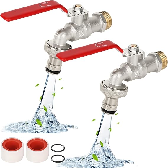 2 Pack Bibcock Output Garden Tap 1/2 inch Brass Water Faucet Rust and Frost Proof Outdoor Water Faucet for Garden with 2 * Free Hose Connectors, 1x Roll Sealing Tape