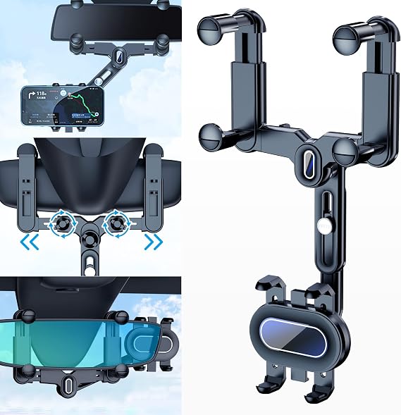 Phone Mount for Car, 360 Rotatable and Retractable Car Phone Holder Mount Free Adjustment Rear View Mirror Phone Holder for Car Universal Rearview Mirror Cell Phone Car Mount Fit for All Smartphones