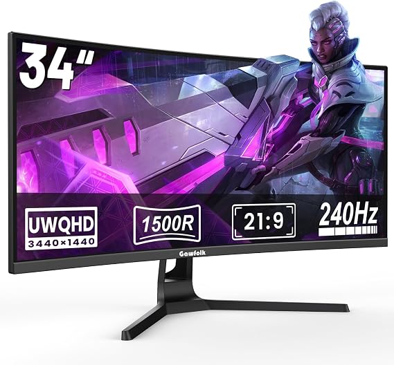 Gawfolk Gaming Curved Monitor 34 Inch 240 Hz 1500R Ultrawide PC Screen UWQHD 3440 x 1440P Adaptive Sync Curved Computer Screen Displayport HDMI