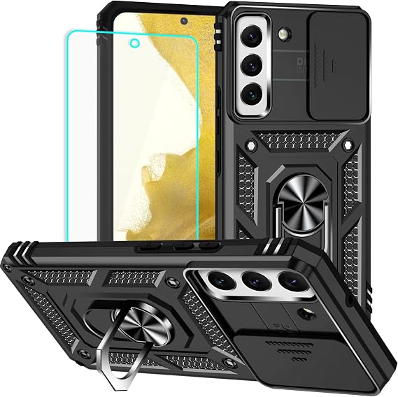 for Samsung S22 Case with Screen Protector: [Military Grade 20ft. Drop Tested] Slide Camera Cover Ring Shockproof Protective Phone Case for - Samsung Galaxy S22 (Black)