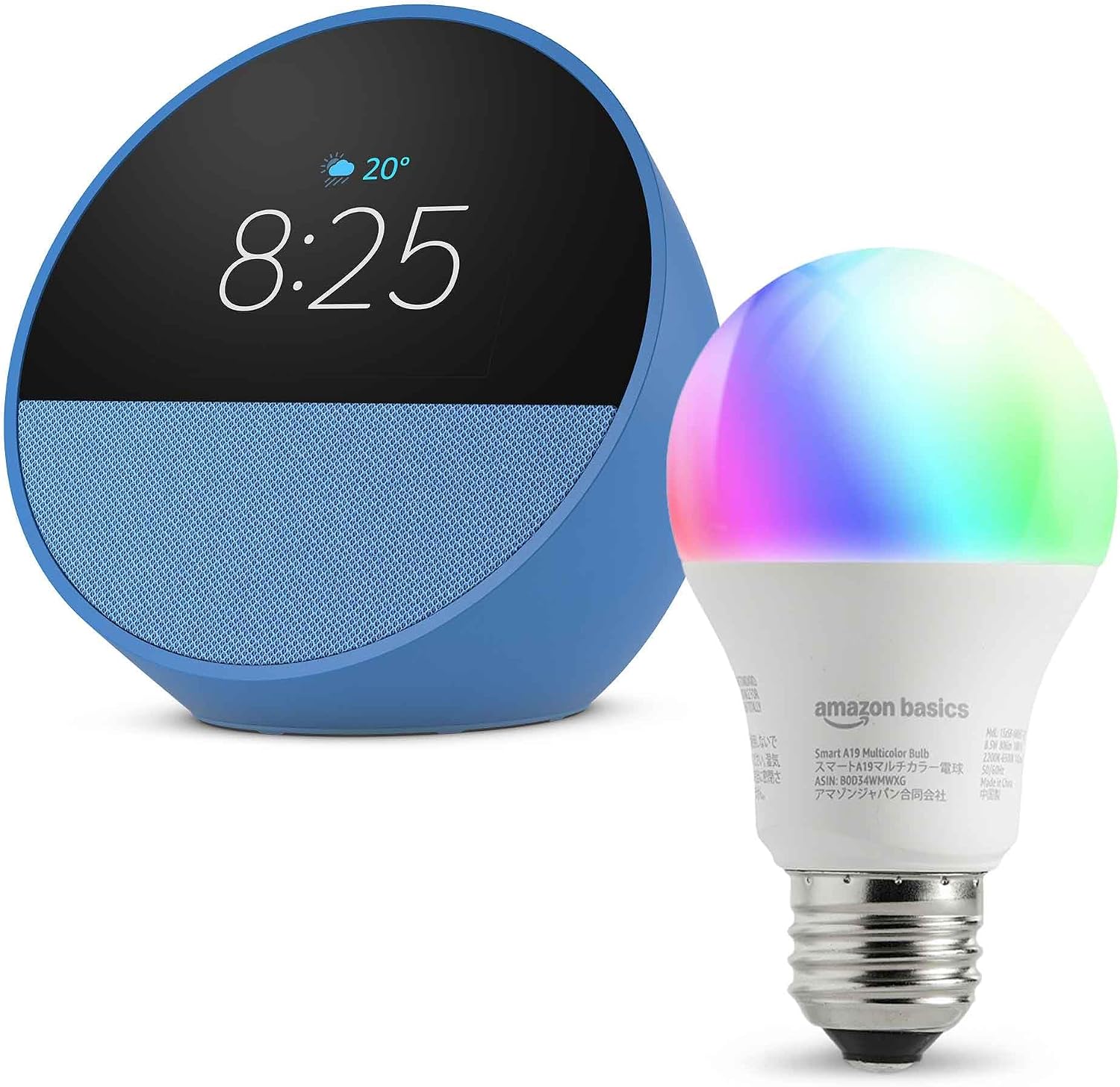 Echo Spot Ocean Blue + Amazon Basic Smart LED Bulb E26/60W Equivalent, 800 lm, Dimmable, Toning Type