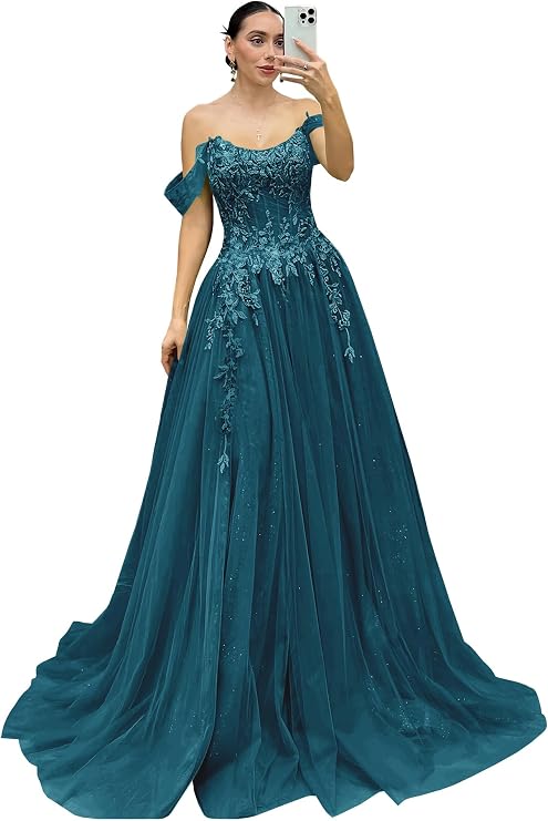 Sparkly Tulle Prom Dresses for Women 2026 Off the Shoulder Evening Gowns Lace Appliques A Line Ball Gowns with Slit