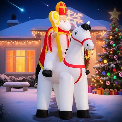 DomKom 6FT Christmas Inflatable Blow Up Decorations, Saint Nicholas Sinterklaas Riding a White Horse, Built-in LEDs for Holiday Party, Garden, Lawn, Yard, Patio Decor Nativity Scene Outdoor