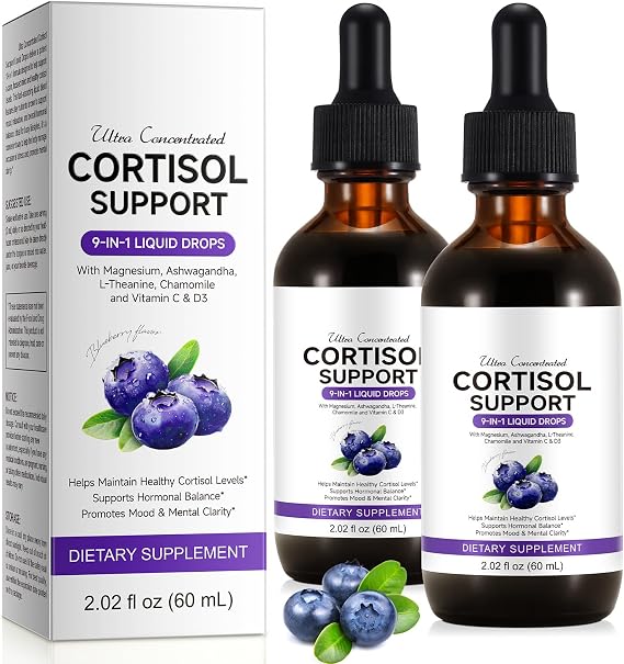 2PCS Cortisol Support with Ashwagandha, Magnesium, L-Theanine, Chamomile and Vitamin C & D3, Cortisol Detox Hormone Balance Supplements Mood, Focus, Stress Relief, Sleep Support -60ml