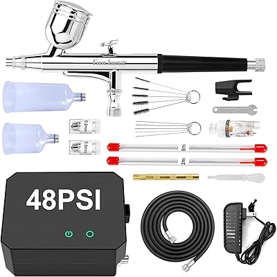 Gocheer Airbrush Kit with Air Compressor, 40 48 PSI High Pressure Air Brush Non-Clogging with 0.20.30.5mm NozzleCleaning Sets, Ideal for Painting, Modeling, Cake Decor, Makeup Black, 48 PSI