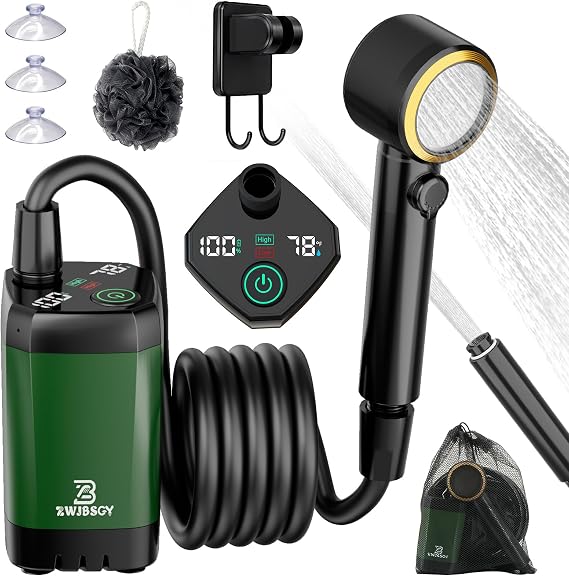 Portable Shower for Camping, 7800mAh Camping Shower Pumps with 190mins Long-Runtime, Smart Intelligent LED Display and 4 Spray Modes Outdoor Camp Shower Kit or Camping, Hiking, Traveling, Pet