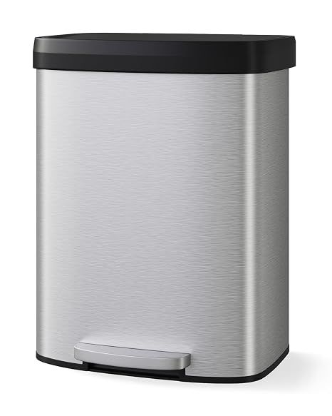 Garvee 16 gal / 60 L Stainless Steel Trash Can with Lid, Large Garbage Can for Kitchen, Rustproof Step-on Kitchen Metal Trash Bin with Liner Rim, Rear Handle, Soft Close Plastic Lid, Silver