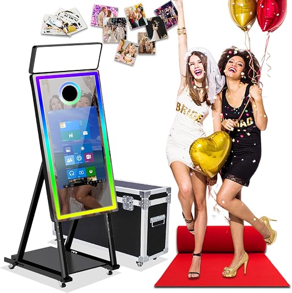 40in Mirror Photo Booth Machine with 21.5in Interactive Touch Screen with Flight Case,Built-in Mini PC with Instant Print and Sharing for Christmas Wedding Event Party (Black, Machine)