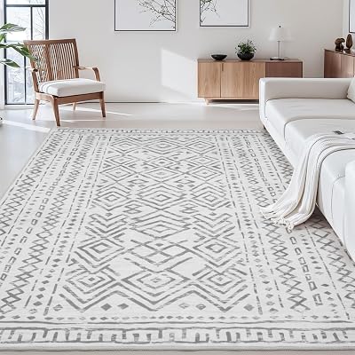 MontVoo 5x7 Area Rug - Soft Boho Machine Washable Moroccan Living Room, Bedroom, Dining Room, Home Office - Non Slip Floor Carpet - Grey