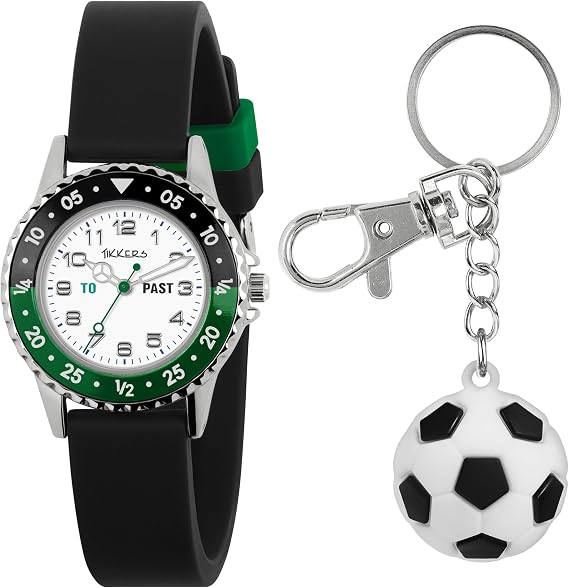 Tikkers Black Strap Time Teacher Watch and Football Keyring Set ATK1095-SET