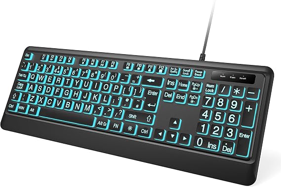 Large Print Backlit Keyboard, Wired USB Lighted Computer Keyboards with 7-Color Backlit, Oversize Letters Keys Easy to See and Type, Quiet Keyboard Compatible for PC, Laptop