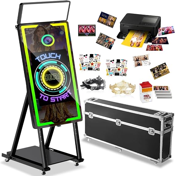 45" Mirror Photo Booth with Printer,22" Touch Screen Mirror Photo Booth with Flight Case,Built-in Mini PC, App Remote Music Sync RBG Light,Instant Print and Share Professional for Party(No Camera)