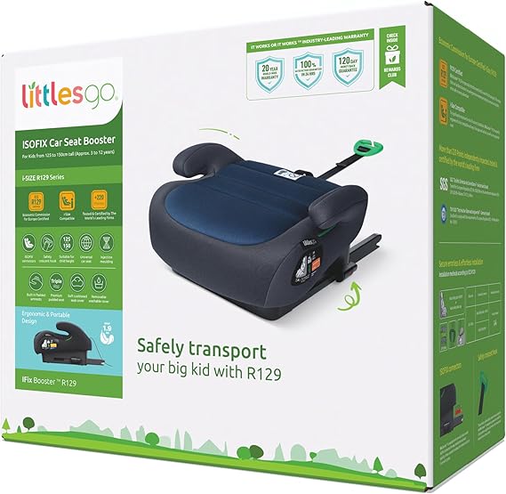 IFix Booster Seat, i-Size ISOFIX Car Seat, for Child from 125-150cm (3-12 Years, Group 2/3), Portable, Triple Foam Layers for Comfortable Travel, ECE R129, Blue-Darkgrey, 1 Pack