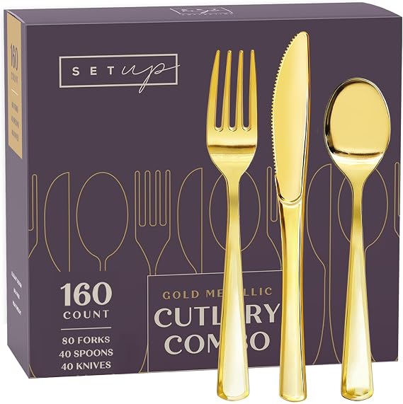 SETUP [160 Count] Disposable Silverware, Gold Combo Cutlery - 80 Forks, 40 Spoons, 40 Knives - Heavy Duty, and Durable Gold Plastic Silverware Set Great for Parties, Events and Everyday use