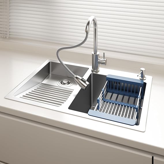 Stainless Steel Utility Sink, 27.6" 18.9" 8.9" Kitchen Sink with Cold and Hot Water Faucet, Laundry Utility Sink With Washboard Double-Bowl for Kitchens, Bathrooms, Garage, Laundry Room