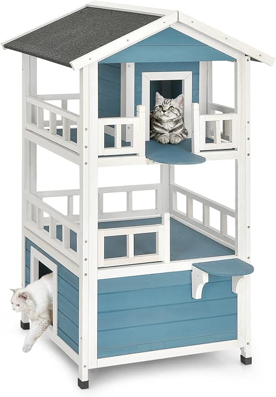 PETSITE Outdoor Cat House Weatherproof, 2-Story Wooden Cat Shelter for Feral Cats with Waterproof Roof, Blue