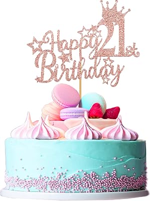 Ufocusmi 21st Birthday Decorations for Women, Glitter Rose Gold Happy 21st Birthday Cake Topper, 5.9x4.75 inch
