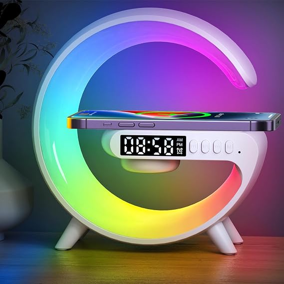Wireless Speaker Charger Light, G Lamp with Wireless Charger, Smart Lamp Bluetooth Speaker, 5W Mood Light with Alarm Clock, 10 Lighting Modes, Bedroom, Party (White Plug-in Type) [Energy Class A+++]
