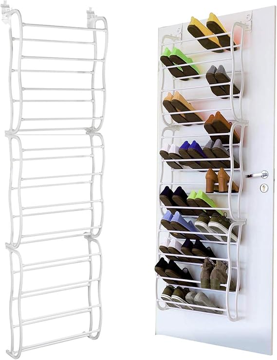 TeqHome 36 Pair Over the Door Shoe Organizer, 12-Tier Metal Hanging Rack with Non-Slip Design for Closet Door Storage, Space saving Organizer for Shoes and Boots (White)