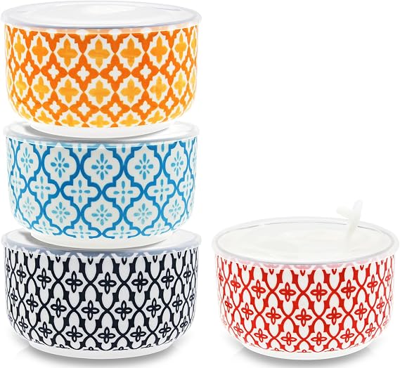 Ceramic Bowls with Lids Set of 4,20 oz Ceramic Serving Bowls with Lids for Kitchen,Office Lunch,Picnic, 5 Inch Prep Bowls for Meal Prep, Cereal, Salad, Microwave Dishwasher Safe