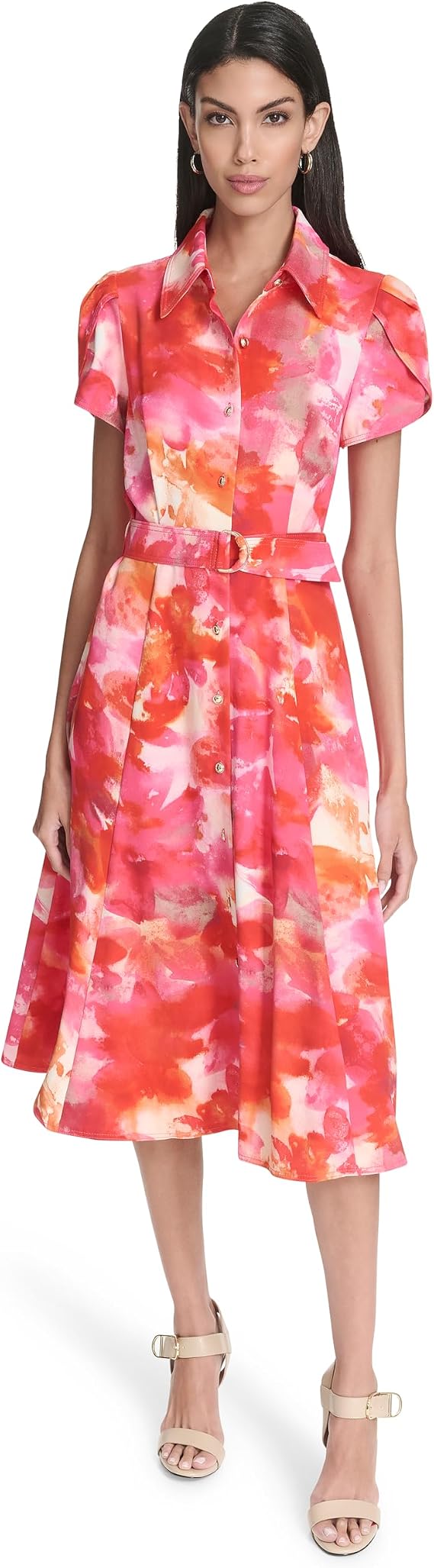 Halston Women's Short Sleeve Floral Belted Midi Shirt Dress