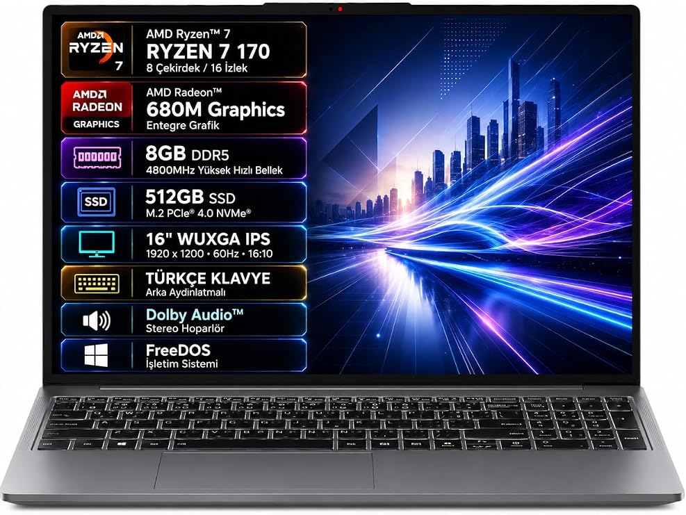 LENOVO IdeaPad Slim 3 16ARP10 83K800DKTR AMD Ryzen 7-170 8GB 512GB SSD 16" IPS Freedos