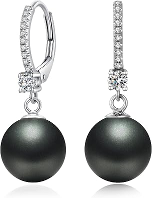 Pearl Dangle Drop Earrings for Women 925 Sterling Silver Pearl Leverback Earrings Cubic Zirconia Pearl Dangling Earrings 10MM