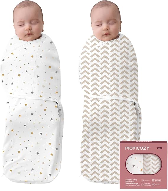Momcozy Newborn Swaddle Sack, Two-Step Adjustable Baby Swaddle with Whisper-Quiet Fastener, Sleep Sack for 0-3 Months, 2-Pack, Stars