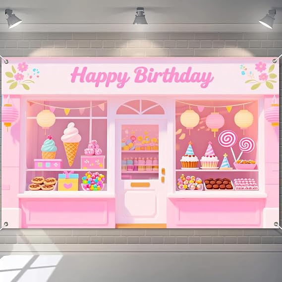 BlissYard Sweet Candy Shop Birthday Backdrop 71x43 Inch | Dessert Storefront Photo Booth Props Wall Decor Studio Lawn Yard Bedroom Pink Ice Cream Cupcake Lollipop Print