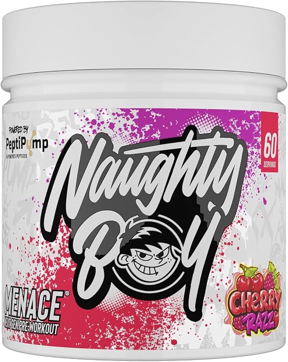 Naughty Boy Menace V2 Pre Workout Powder, High Stim Energy, Pump & Focus Formula with PeptiPump, Citrulline & Beta Alanine, 60 Servings, Cherry Razz
