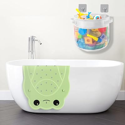 UNEEDE Kids Bath Mat & Bathtub Toy Holder Bundle Kit | Non-Slip Frog Shower Mat  Wall-Mounted Mesh Organizer with Drain Holes | Baby Bath Safety Essentials 30x18  4.15 Gallons