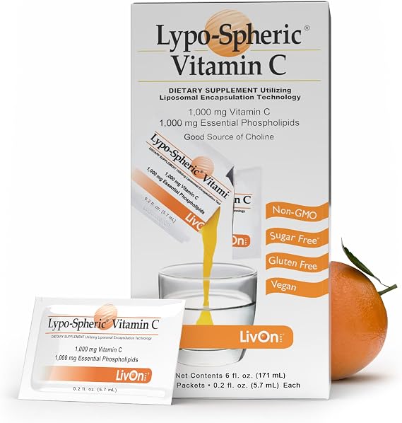 LivOn Laboratories Lypo-Spheric Vitamin C, 1000 mg Vitamin C and Essential Phospholipids Per Packet, Liposome Encapsulated for Improved Absorption, Non-GMO, 0.2 Fl Oz (Pack of 30)