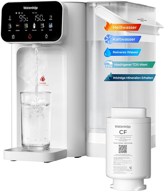 Waterdrop CT01 Hot & Cold Filter Water Dispenser Reduces TDS & Limescale 5 L Reduces chlorine preserves important minerals 8-stage filtration UV sterilisation multiple temperature and volume options