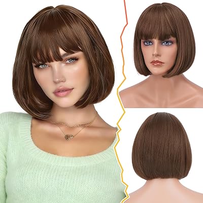 BARSDAR Short Brown Bob Wig With Bangs - Short Brown Bob with Bangs Wig for Women - 12 Inch Natural Looking Soft Synthetic Hair Replacement Wigs Velma Dora Wigs Daily Party Halloween