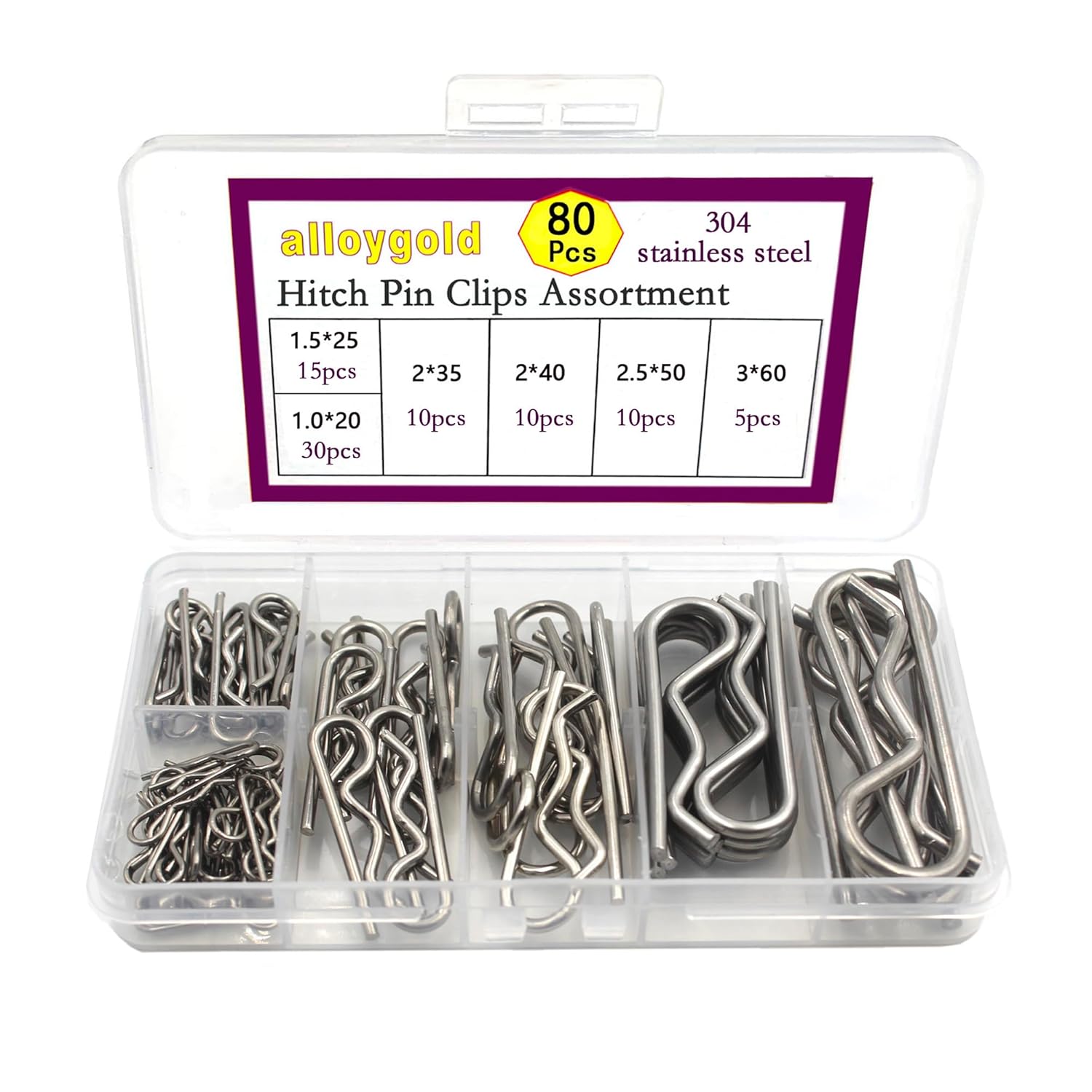 75 Pcs 6 Sizes Cotter Pins R Clips Heavy Duty Zinc Plated Retainer Pins Hitch Pin Hair Pin Assortment Spring Clip Kit for Hitch Pin Lock System, Garage,Trucks, Small Engine Repair