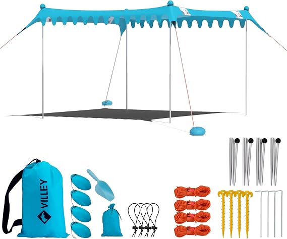 VILLEY Beach Tent Sun Shelter with UPF50 Protection, 1110FT Portable Sun Shade with 4 Stability Poles, 8 Ground Pegs, 4 Sandbags and Sand Shovel, Outdoor Beach Canopy for Camping Trips, Picnics