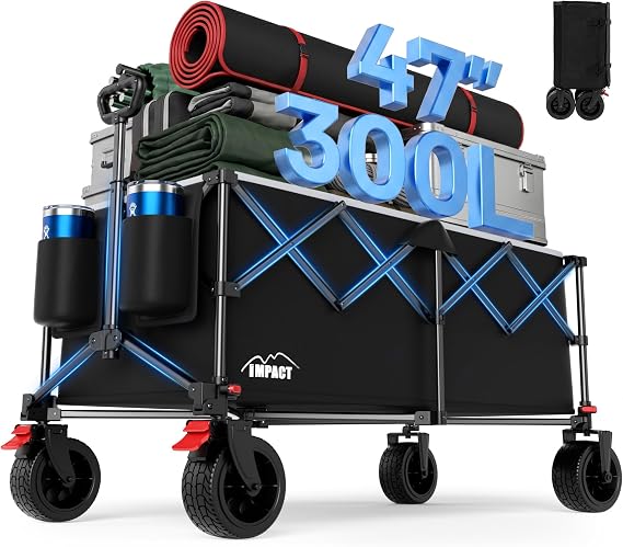 47" Collapsible Wagon Cart Foldable 300L Capacity Compact Folded Size | 330 lbs Heavy Duty Utility Wagon, Removable Fabric & Wheels, Cup Holders, For Shopping Camping Sports Moving