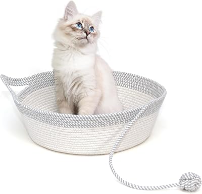 Cotton Rope Woven Cat Bed Basket, Hand Woven with Toy Tail, Small Dogs & Puppies Sleeping Bed, Indoor Cat & Rabbit Basket Large, Gray & White