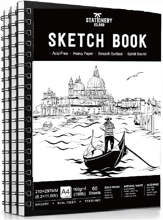 STATIONERY ISLAND Sketchbook Spiral Bound 60 Sheets A4 160gsm 3PCS Premium Drawing Paper for Sketching, Drawing & Painting Sketch Pad Art Book for Pencils, Charcoal