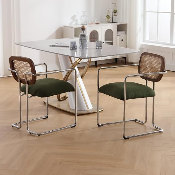 Dining Chairs Retro Set of 2 with Rattan Backrest Green