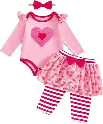 BeQeuewll Baby Girl First Valentines Outfit Newborn Heart Romper Tutu Skirt LeggingsHeadband 3Pcs Infant Spring Outfits