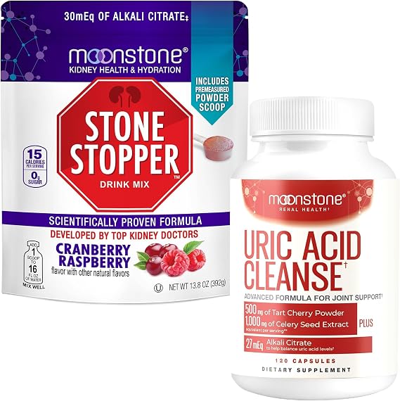 Moonstone Stone Stopper Drink Mix, 30-Day Supply Cranberry/Raspberry + Uric Acid Bundle