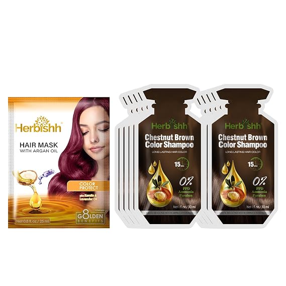 Herbishh Hair Color Shampoo 10 Sachet +1 Argan Hair Mask Pouch | 3 in 1 Hair Dye | PPD Free | Easy to Use | Gray Coverage | Travel Size | Available in 6 Colors | (Chestnut Brown)