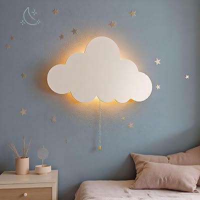 Cloud Light Battery-Operated Wall Lamp for Nursery Kids Bedroom & Baby Room with Pull-String Switch 3V 3000K Warm Night Light Hanging Night Lights No Charging Needed