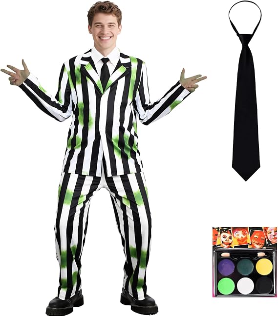 Men's Black, White & Green Striped Halloween Costume, Adult Cosplay Suit with Necktie and Face Paint for Horror Themed