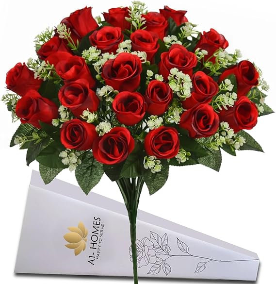 41cm Artificial Silk Red Rose Bush with Gyp & Foliage 24 flower heads- Wedding Grave Home Decoration