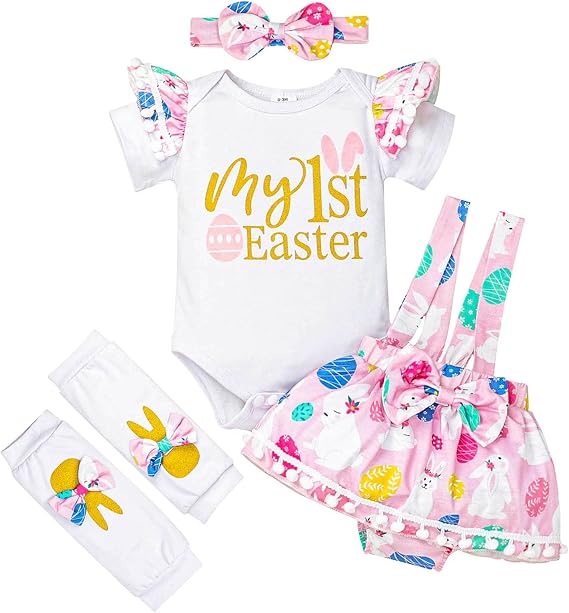 0 3 Months My 1st Easter Outfits Baby Girls Clothes Newborn Infant Baby Girls Clothes Ruffle Romper Cute Bunny Skirt Leg Warmers Headband Outifts Set Suspender Dress Clothes Set Pink 0-3 Months