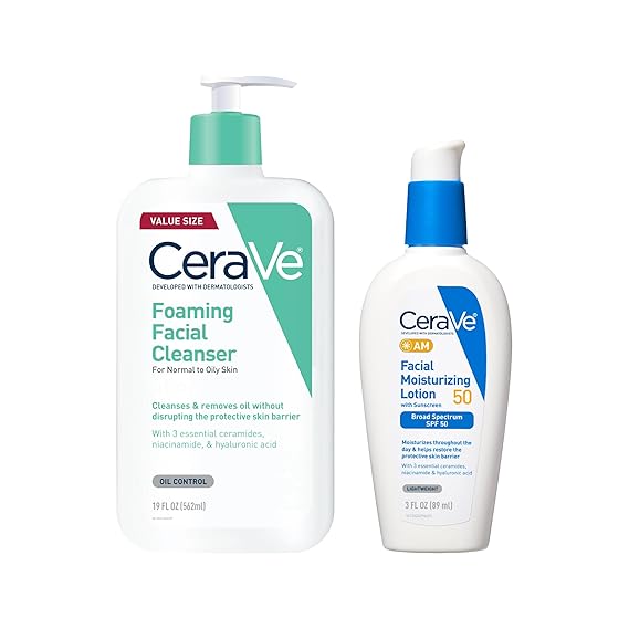 CeraVe Foaming Facial Cleanser, Daily Face Wash, 19oz AM Facial Moisturizing Lotion SPF 50, Face Moisturizer with SPF, 3 Oz Bundle with Hyaluronic Acid, Niacinamide & Ceramides