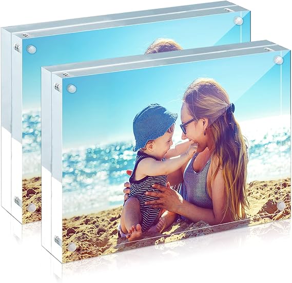 HELPLEX Acrylic Frame, 2 Pack 4x6 Acrylic Picture Frames, 20mm Thicker Frameless Clear Frame Double Sided Magnetic Frame, Free Standing Desktop Display