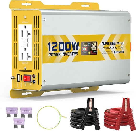 XWJNE 1200W Pure Sine Wave Power Inverter 12V DC to 120V GFCI AC Converter with LCD Display for Home, RV, Truck, Off-Grid Solar Power